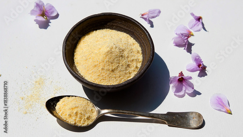 Healthy vegetarian spa still life with salt and pepper beside a hot bowl of cream soup and a fresh green flower on a white towel