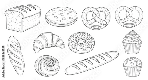 A diverse collection of hand-drawn bakery products and pastries, including various breads, croissants, donuts, pretzels, and cupcakes.