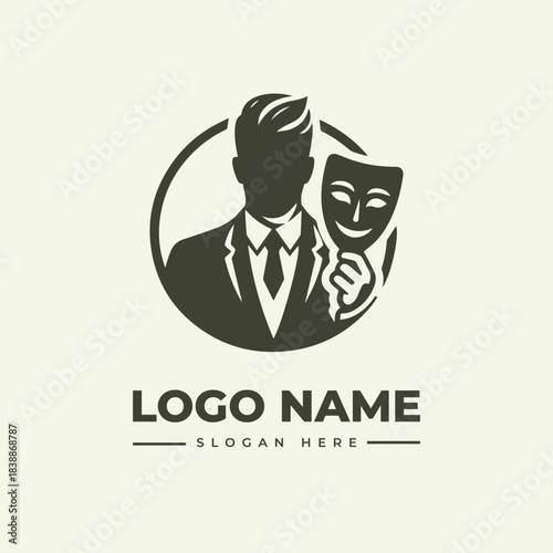 Engraving style vector logo illustration of a professional businessman holding a theatrical mask. An emblem for identity, strategy, or performance