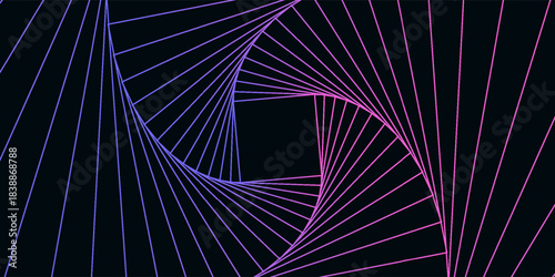 Neon swirling symbol. Illusion effect spiral background. Tunnel abstract. Design with neon, stroke, lines and flow. 3D tunnel grid.Print