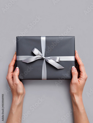 Hands holding a dark gray gift box with a silver ribbon