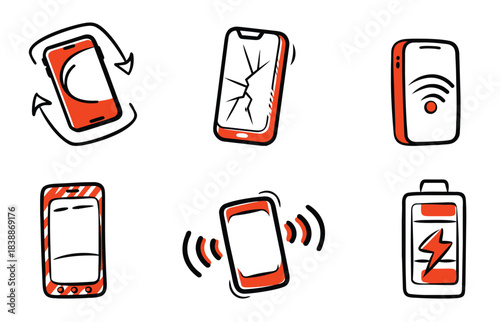 Set of six handdrawn mobile phone icons representing different states rotating, cracked screen, wifi signal, empty screen, vibrating, and low battery isolated on transparent background