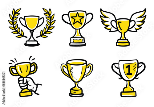 Collection of six handdrawn golden trophy icons with laurel wreaths, wings, and a hand holding one, isolated on transparent background