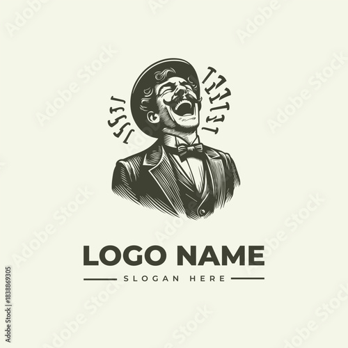 Classic Engraved Laughing Man Vector Illustration Logo Design for Vintage Branding or Entertainment Graphics
