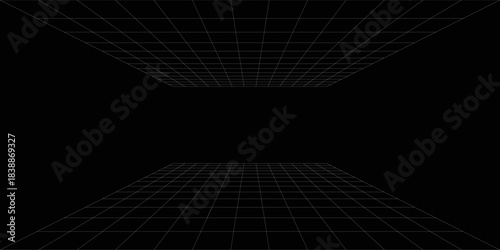 Empty futuristic digital box room grey-black background with white grid space line color surface. Network cyber technology. banner, cover, terrain, sci-fi, wireframe, and related to background.