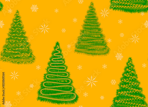Seamless winter pattern with large Christmas trees and snowflakes. Blue background. Christmas and New Year.