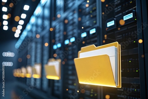 Abstract digital file folders glowing in cyberspace, representing modern data storage, cloud systems, information management, security, and seamless data flow within futuristic technology and network 