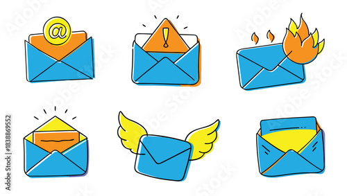 Set of six handdrawn email icons representing different message statuses like new mail, warning, urgent, flying, and burning mail, isolated on transparent background