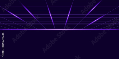 Synthwave wireframe net illustration. Abstract digital background. 80s, 90s Retro futurism, Retro wave cyber grid. Top and bottom surfaces. Neon lights glowing. Starry background. 3D Rendering