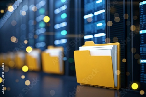 Abstract digital file folders glowing in cyberspace, representing modern data storage, cloud systems, information management, security, and seamless data flow within futuristic technology and network 