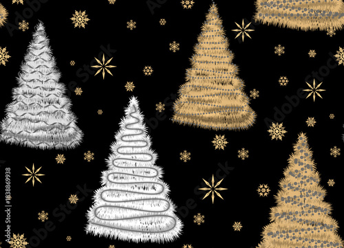 Seamless winter pattern with large Christmas trees and snowflakes. Black, white, gold. Christmas and New Year.