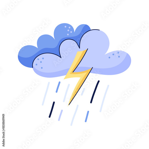 Hand drawn dark cloud, lightning nd rain. Sky and weather design element. Isolated vector illustration on white background.