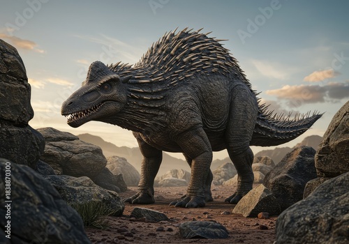 A massive, prehistoric quill beast stands defensively among jagged rocks, its sharp spines bristling against the harsh wilderness environment ,survival ,giant ,sharp