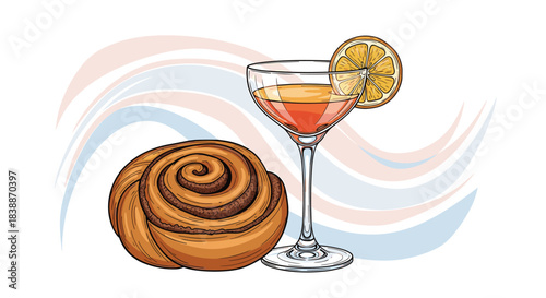 An appetizing illustration featuring a delicious cinnamon roll paired with a refreshing cocktail garnished with an orange slice, perfect for a cozy treat.