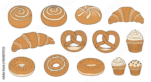 A collection of various delicious baked goods including pastries, bread rolls, pretzels, bagels, and cupcakes, presented on a white background.