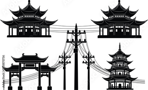 Black Silhouettes of Asian Pagodas, Gates, and Power Lines on White Background Keywords: asian architecture, pagoda, temple