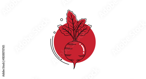 A vibrant minimalist line art illustration of a fresh beetroot with its stylized red leaves, set against a bold red circular background with abstract elements.
