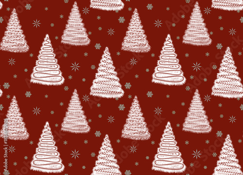 Seamless winter pattern with Christmas trees and snowflakes. Dark red background. Christmas and New Year.