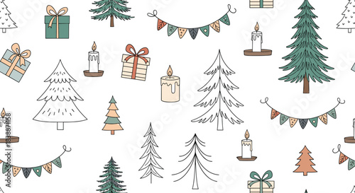 A charming seamless pattern featuring hand-drawn Christmas trees, festive gift boxes, flickering candles, and decorative holiday garlands.