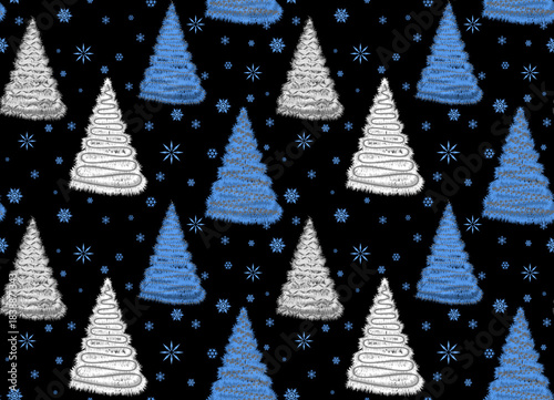 Seamless winter pattern with Christmas trees and snowflakes. Black, white, blue. Christmas and New Year.