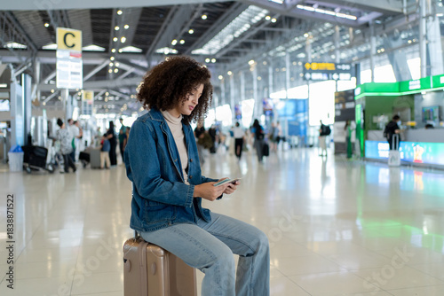 Latina traveler holding passport and boarding pass in airport terminal. 