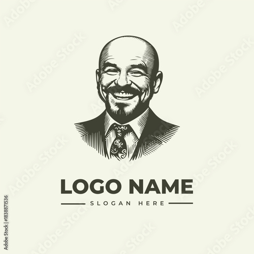 Professional bald man portrait vector logo illustration in engraving style