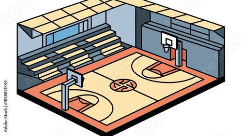 Isometric illustration of an indoor basketball court with bleachers and hoops, featuring a stylized design and empty seating.