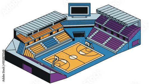 An isometric illustration of an indoor basketball arena with seating for spectators and a digital scoreboard.