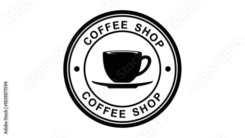 A black and white circular logo featuring a coffee cup and saucer with the words "COFFEE SHOP" written around the edge.