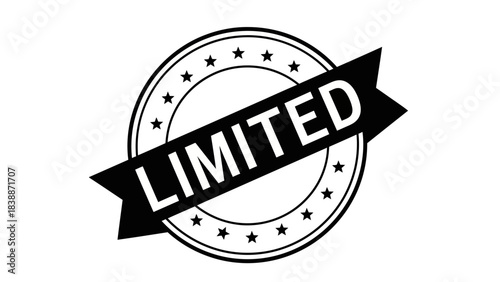 A black and white graphic illustration of a circular stamp with the word "LIMITED" printed diagonally across a ribbon.