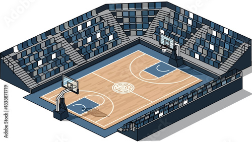 Isometric view of a detailed basketball court with tiered seating and professional lighting.