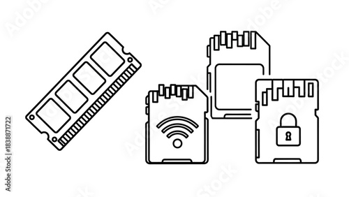 Outline illustration of computer memory components including RAM stick and various SD cards with Wi-Fi and lock symbols.