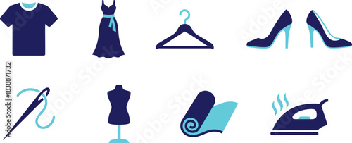 A comprehensive flat design icon set illustrating essential elements of fashion, tailoring, and laundry tasks.