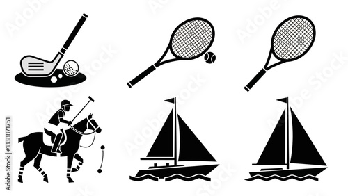 Collection of black and white vector icons depicting various sports and leisure activities like golf, tennis, polo, and sailing.