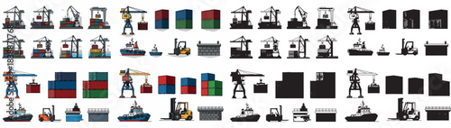 Port logistics and shipping containers with cranes