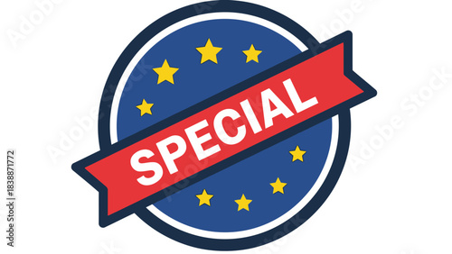 A circular emblem with a dark blue background and yellow stars, featuring a red ribbon with the word "SPECIAL" across it.