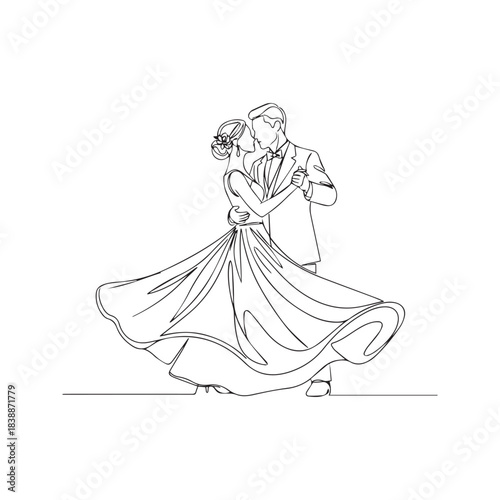 Continuous line drawing of wedding couple dancing. Vector minimalist bride and groom waltz illustration.
