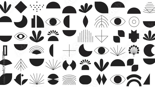 A collection of abstract black geometric shapes and minimalist symbols on a white background, featuring eyes, leaves, sunbursts, and various half-circle designs.
