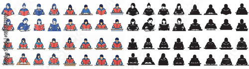 Students reading books at desks, colorful and simple