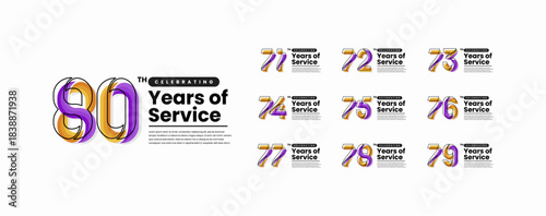 Colorful Years of Service Anniversary Logotype Set. 71, 72, 73, 74, 75, 76, 77, 78, 79, 80