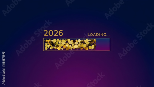 2026 loading progress with golden confetti on dark background. Perfect for New Year's greetings, event invitations, and digital design projects.