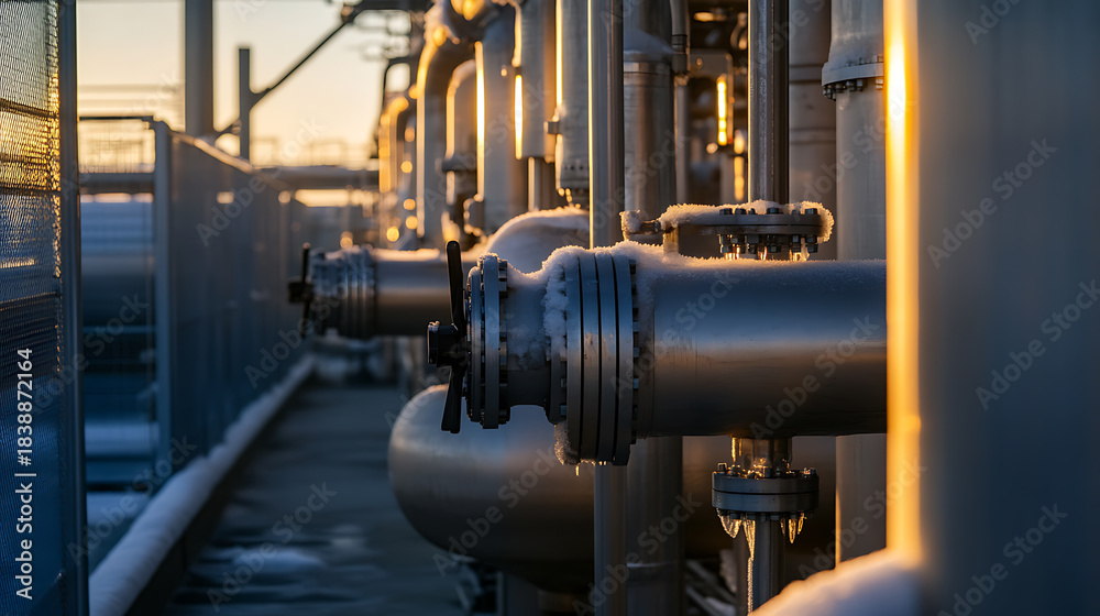 Fototapeta premium A cold, industrial landscape featuring metal pipes and valves covered in snow and icicles, illuminated by the soft, golden light of the sunset in the background.