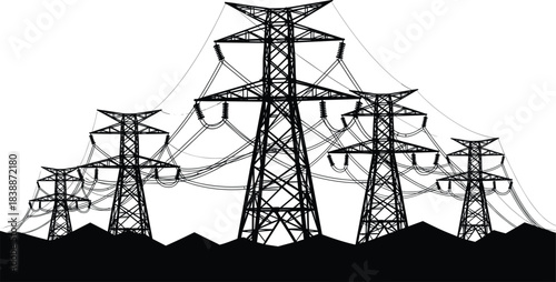 Electricity Transmission Towers Silhouetted Against a Mountainous Landscape power pylon