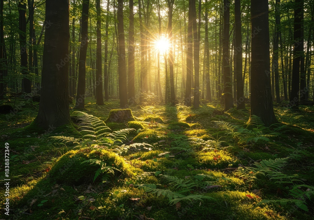Obraz premium Golden sunlight streams through the dense green canopy of an old summer forest, illuminating ferns and moss on the tranquil woodland floor ,wild ,warm ,growth