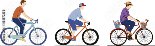 Four men are cycling doing their respective activities. Flat vector illustration.eps