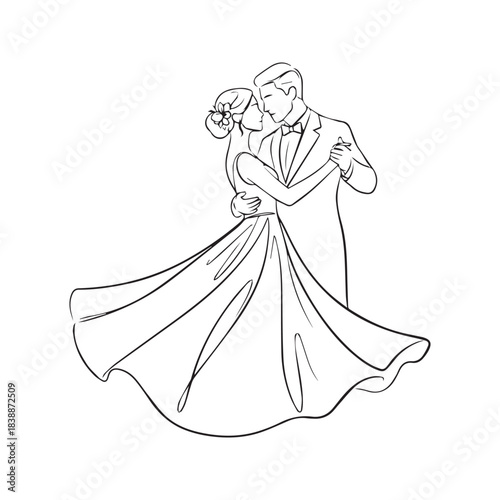 Continuous line drawing of wedding couple dancing. Vector minimalist bride and groom waltz illustration.
