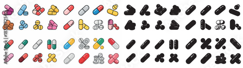 Assorted pills and capsules collection with transparent background