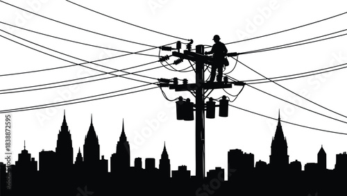 Lineman on utility pole against city skyline silhouette and power lines electrician