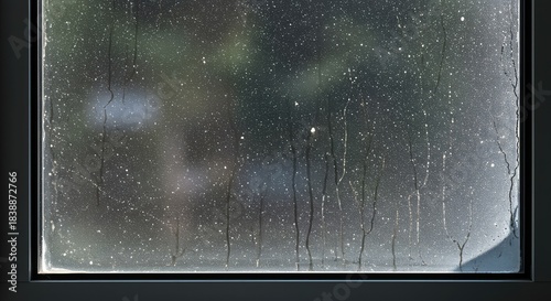 A neglected window pane severely affected by environmental grime, dust, and hard water stains needs professional cleaning services now ,spots ,unclean ,neglected