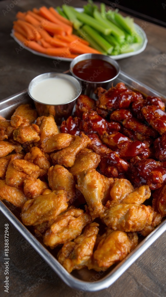 Fototapeta premium A vibrant tray showcases an assortment of crispy chicken wings coated in glossy sauces. Fresh veggies accompany the wings, creating a tempting spread for friends to enjoy